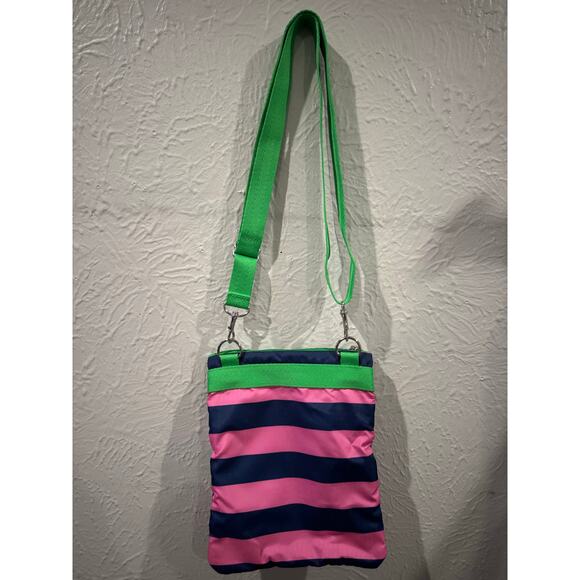 LeSportsac Kasey Rugby Stripe Pink Navy Green  Nylon Crossbody - Picture 4 of 5
